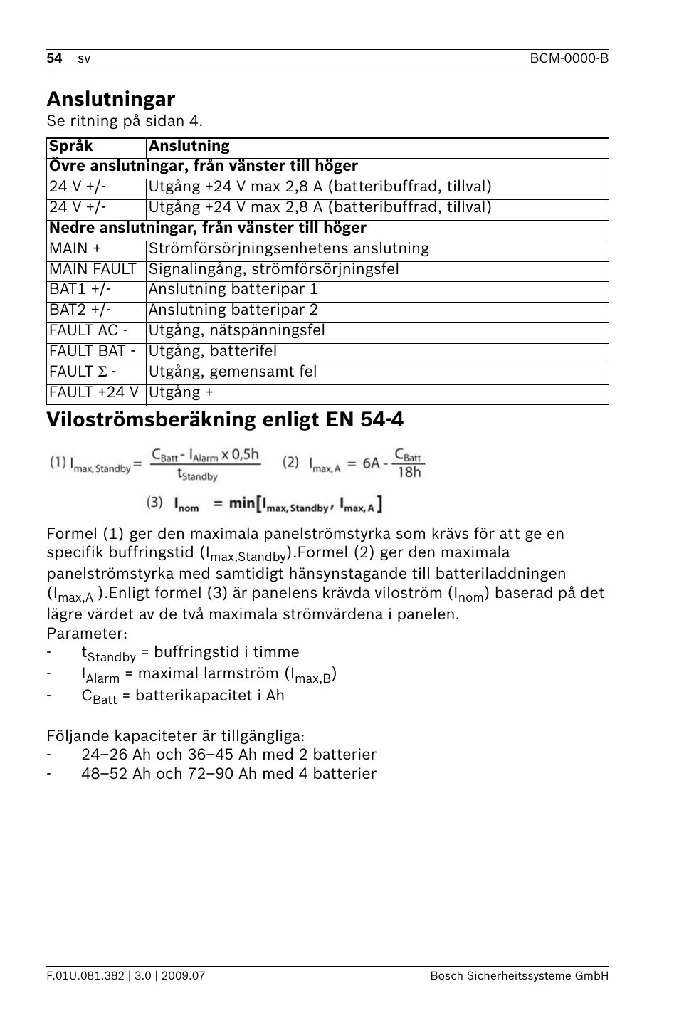 Anslutningar, Viloströmsberäkning enligt en 54-4 | Bosch FPP-5000 External Power Supply Unit Kit 24 V User Manual | Page 54 / 60