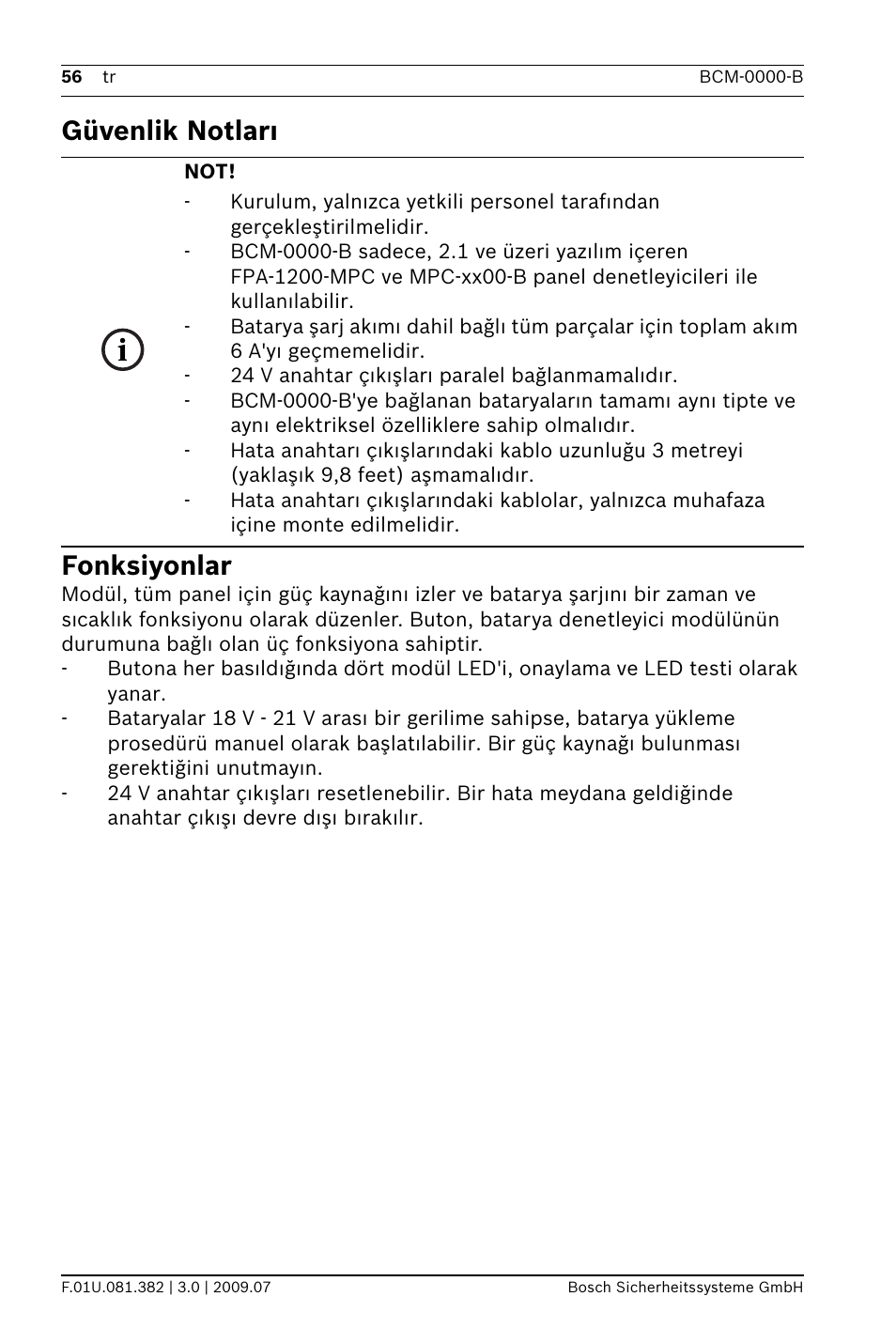 Güvenlik notları fonksiyonlar | Bosch FPP-5000 External Power Supply Unit Kit 24 V User Manual | Page 56 / 60