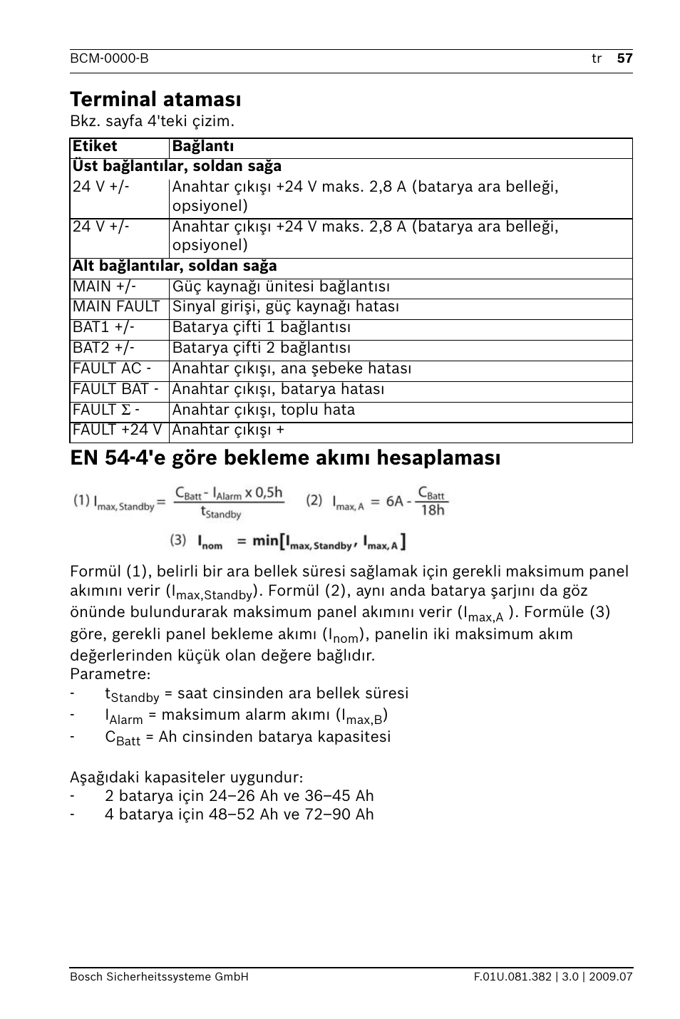 Terminal ataması, En 54-4'e göre bekleme akımı hesaplaması | Bosch FPP-5000 External Power Supply Unit Kit 24 V User Manual | Page 57 / 60