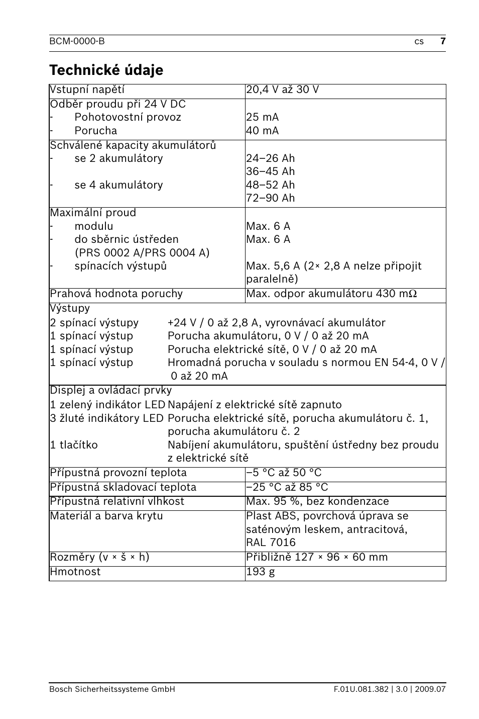 Technické údaje | Bosch FPP-5000 External Power Supply Unit Kit 24 V User Manual | Page 7 / 60