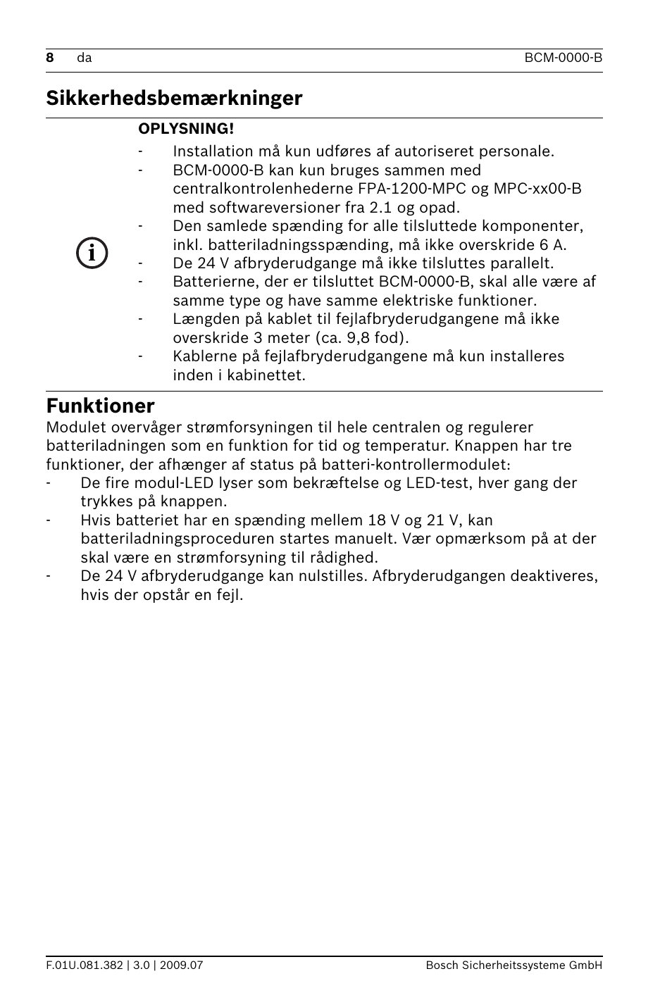 Sikkerhedsbemærkninger funktioner | Bosch FPP-5000 External Power Supply Unit Kit 24 V User Manual | Page 8 / 60