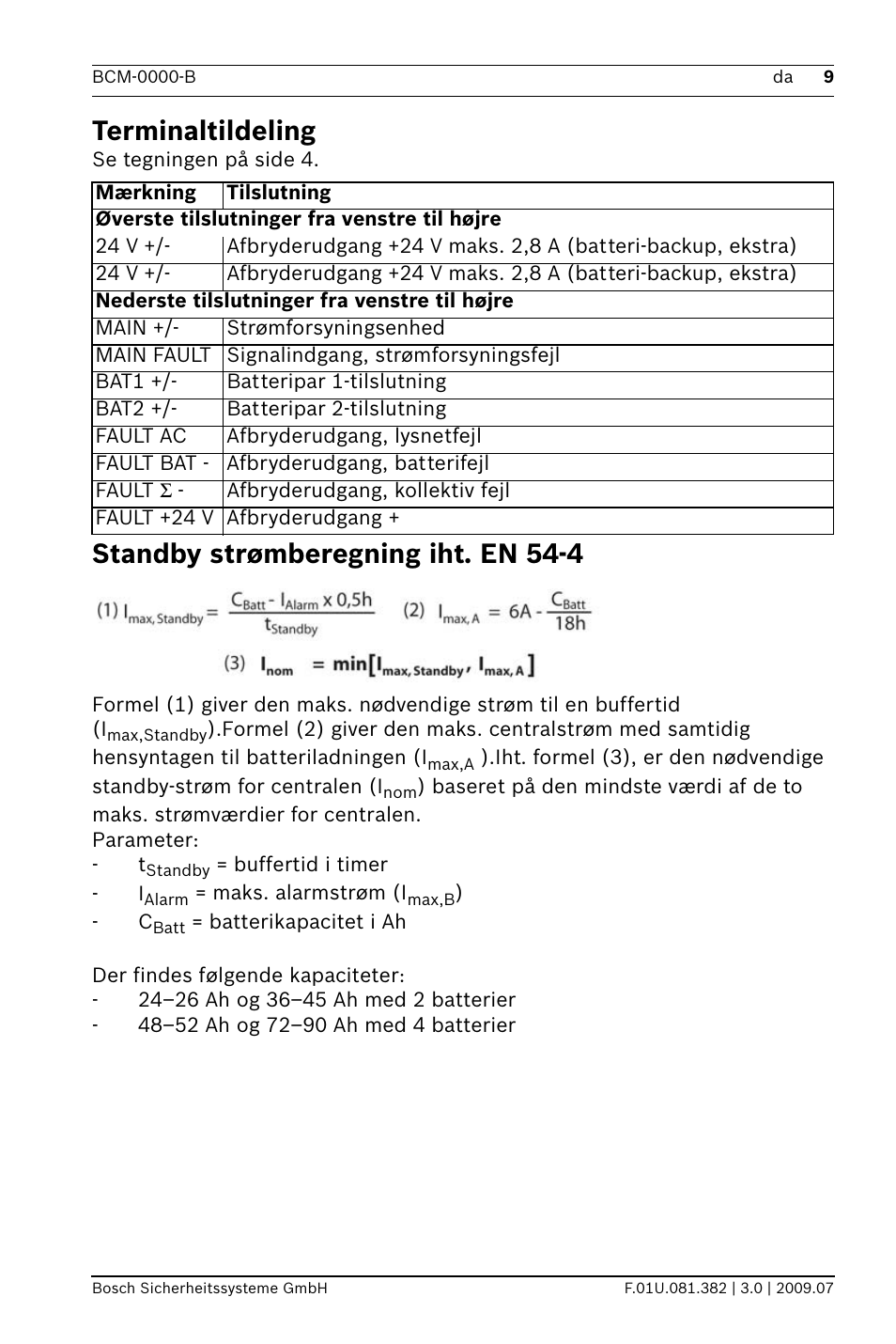 Terminaltildeling, Standby strømberegning iht. en 54-4 | Bosch FPP-5000 External Power Supply Unit Kit 24 V User Manual | Page 9 / 60