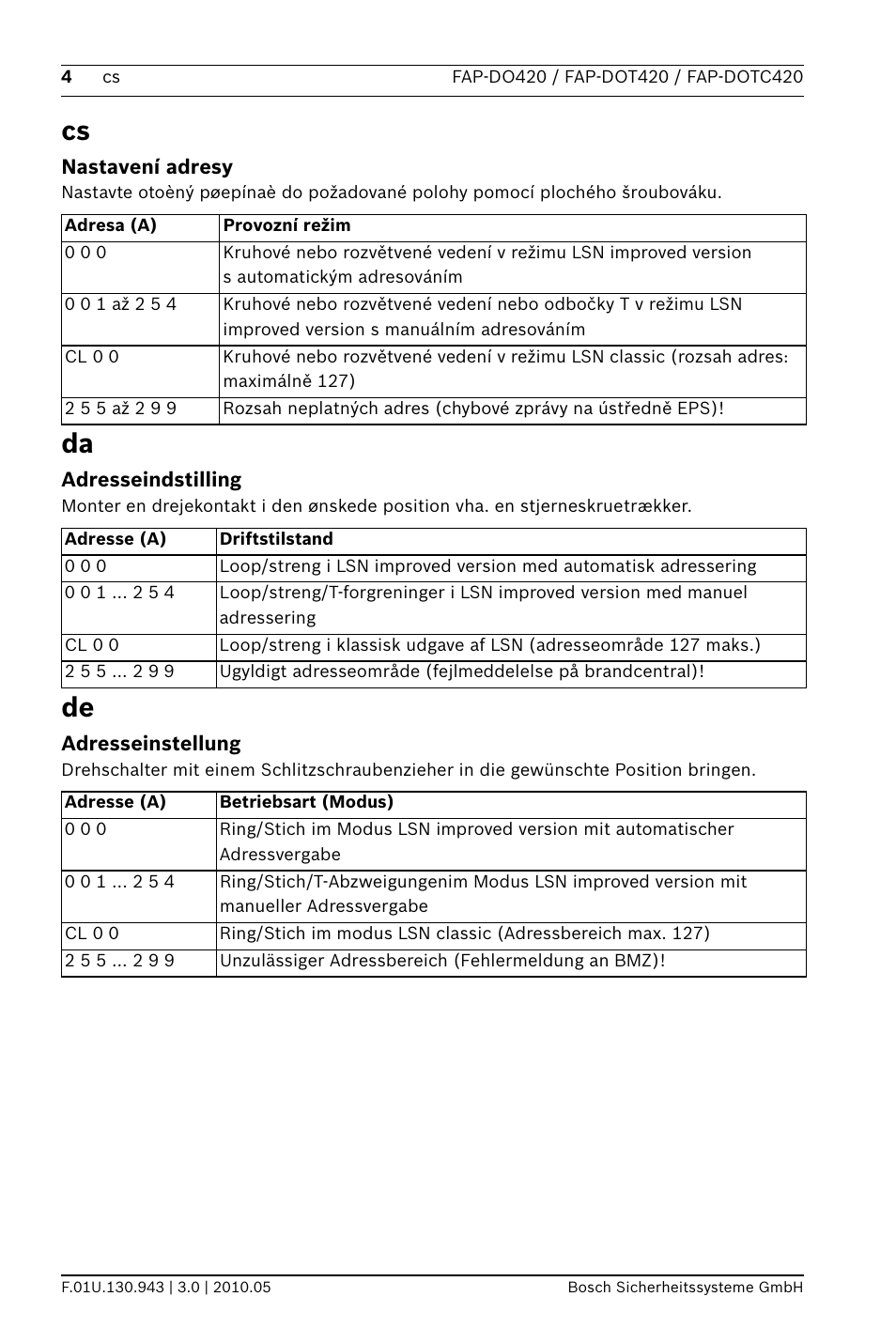 Nastavení adresy, Adresseindstilling, Adresseinstellung | Bosch FAP-420__FAH-420 Automatic Fire Detectors LSN improved version User Manual | Page 4 / 12