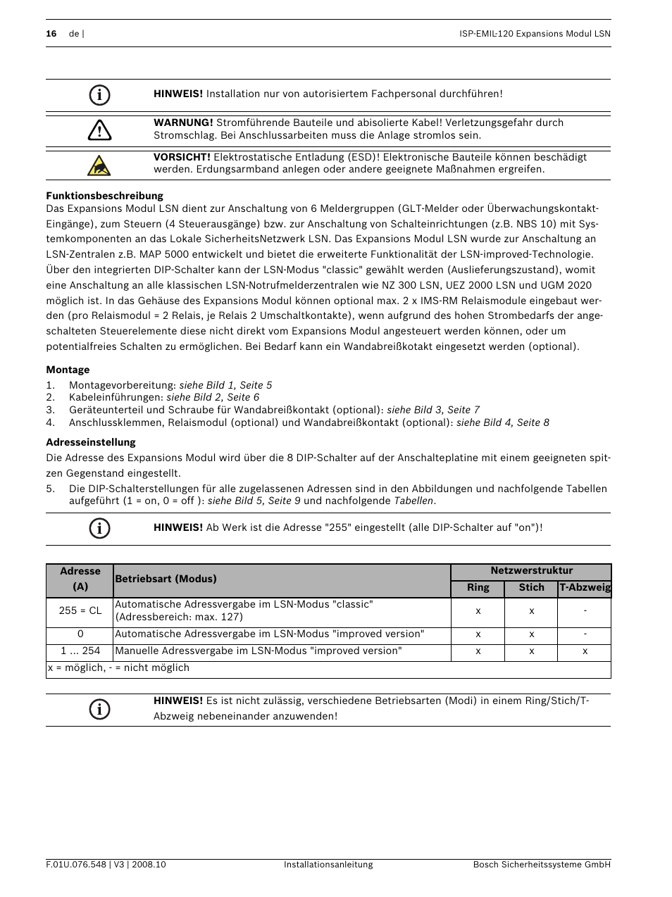 Funktionsbeschreibung, Montage, Adresseinstellung | Bosch ISP-EMIL-120  User Manual | Page 16 / 56