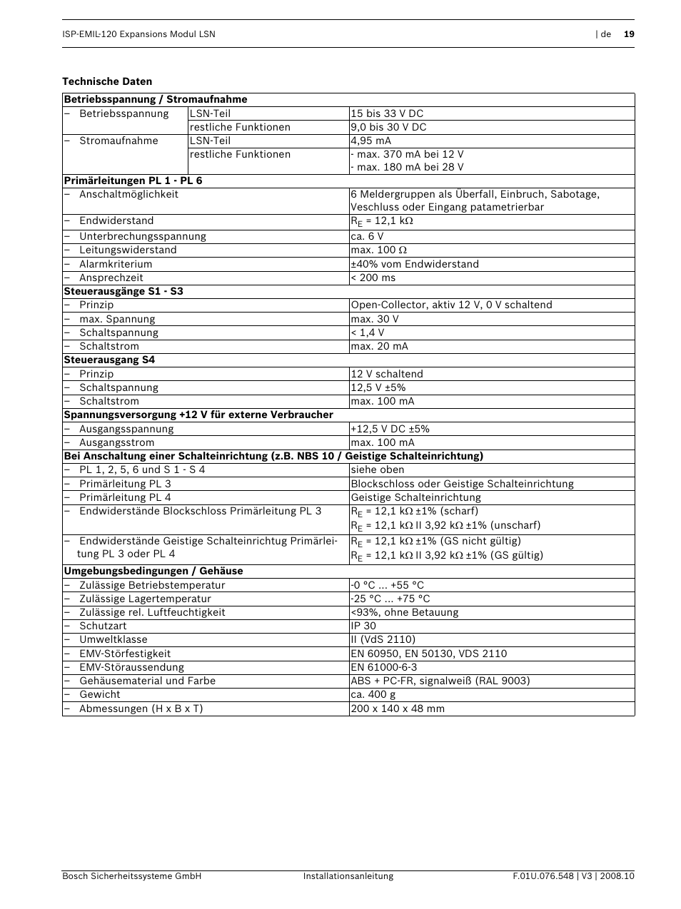 Technische daten | Bosch ISP-EMIL-120  User Manual | Page 19 / 56