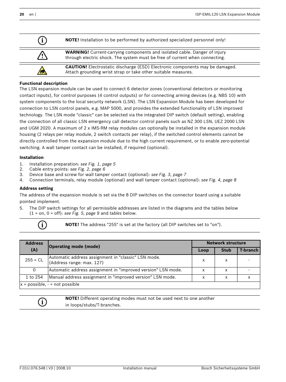 Functional description, Installation, Address setting | Bosch ISP-EMIL-120  User Manual | Page 20 / 56