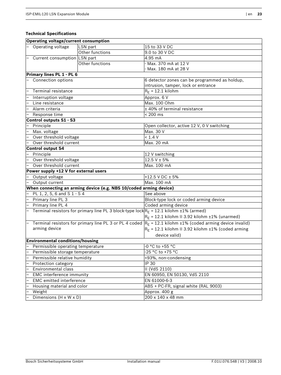 Technical specifications | Bosch ISP-EMIL-120  User Manual | Page 23 / 56