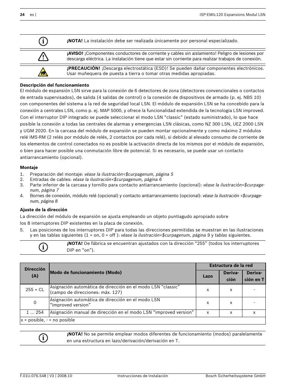 Descripción del funcionamiento, Montaje, Ajuste de la dirección | Bosch ISP-EMIL-120  User Manual | Page 24 / 56