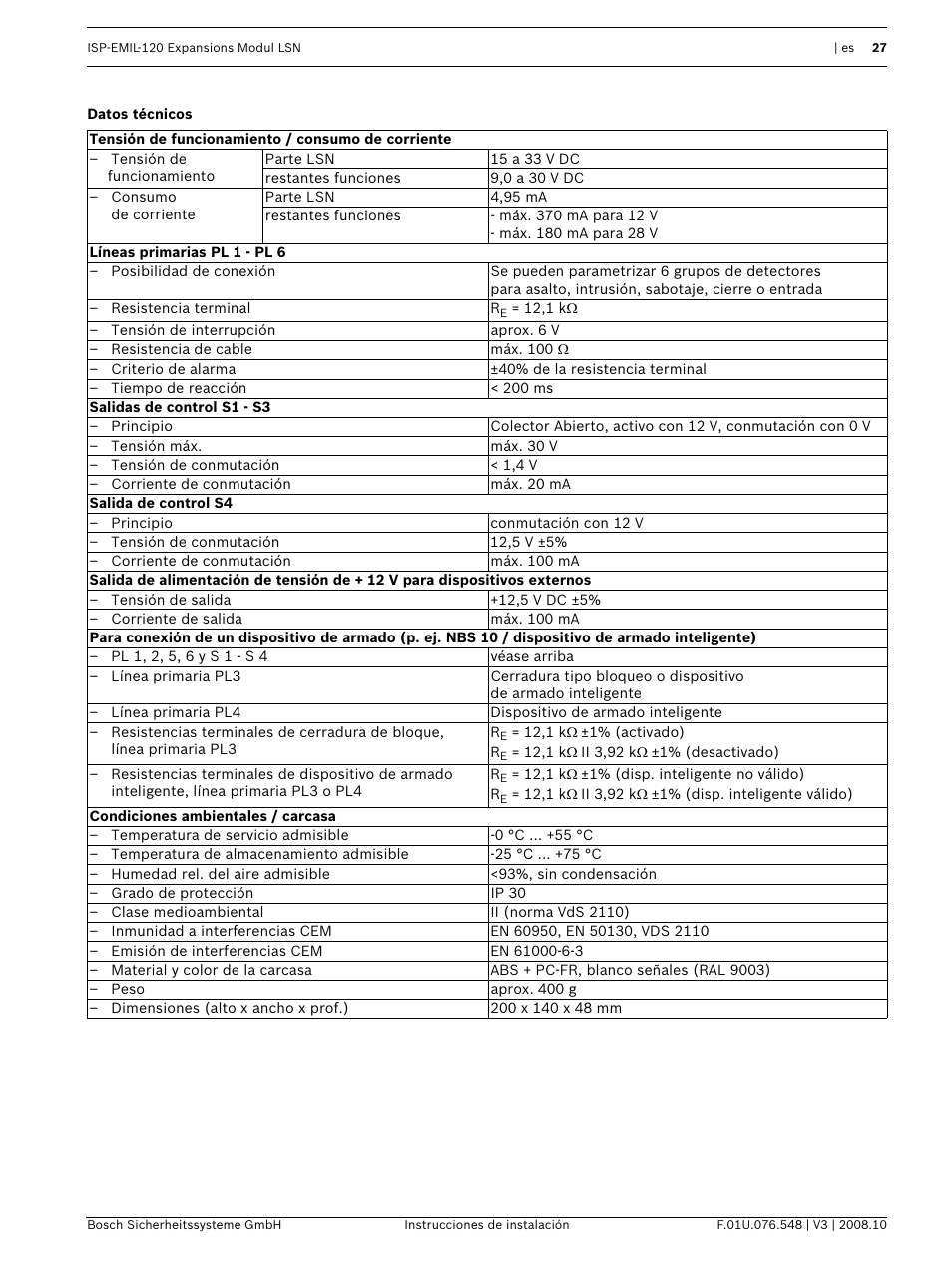 Datos técnicos | Bosch ISP-EMIL-120  User Manual | Page 27 / 56