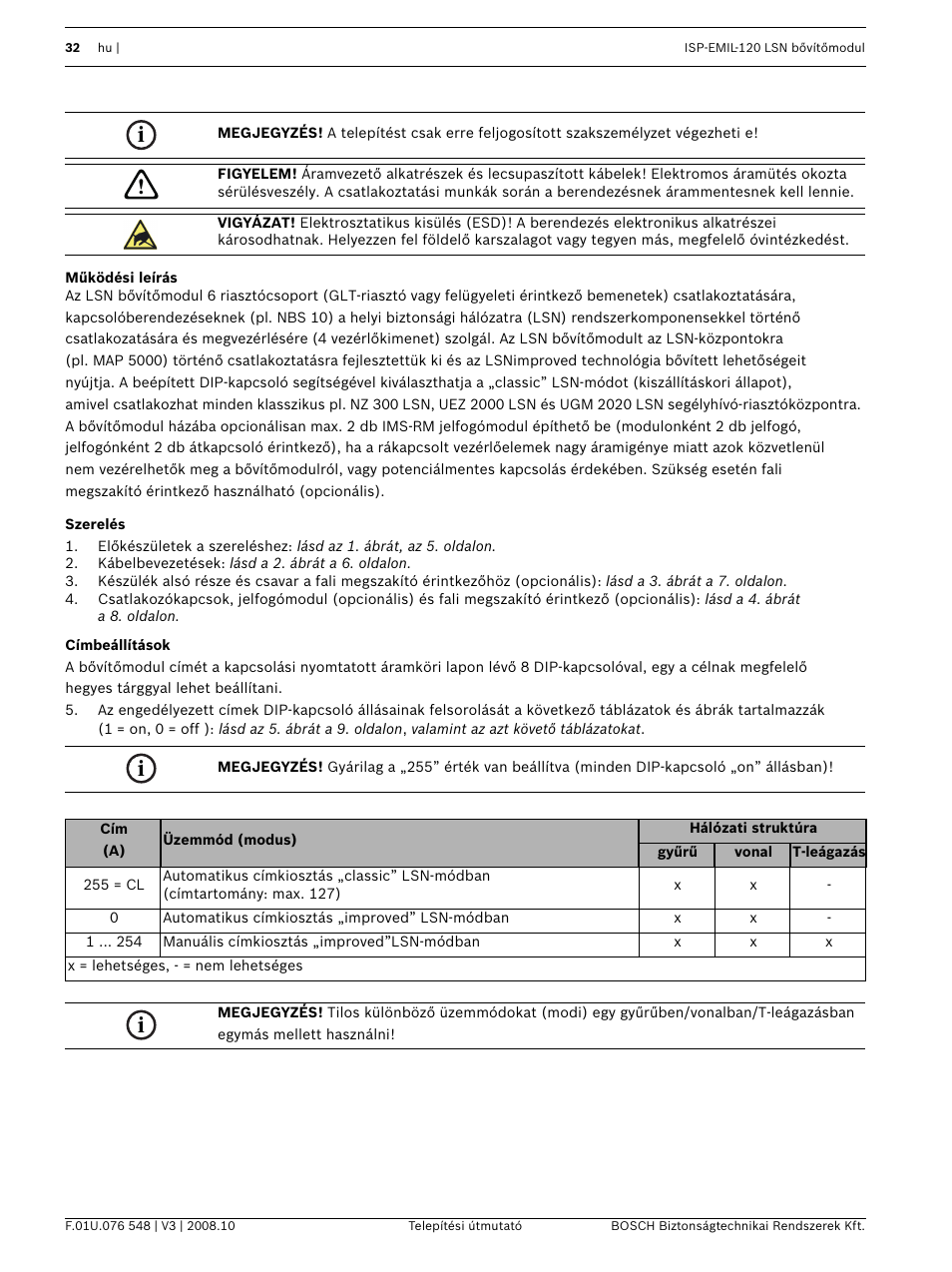 Mûködési leírás, Szerelés, Címbeállítások | Bosch ISP-EMIL-120  User Manual | Page 32 / 56