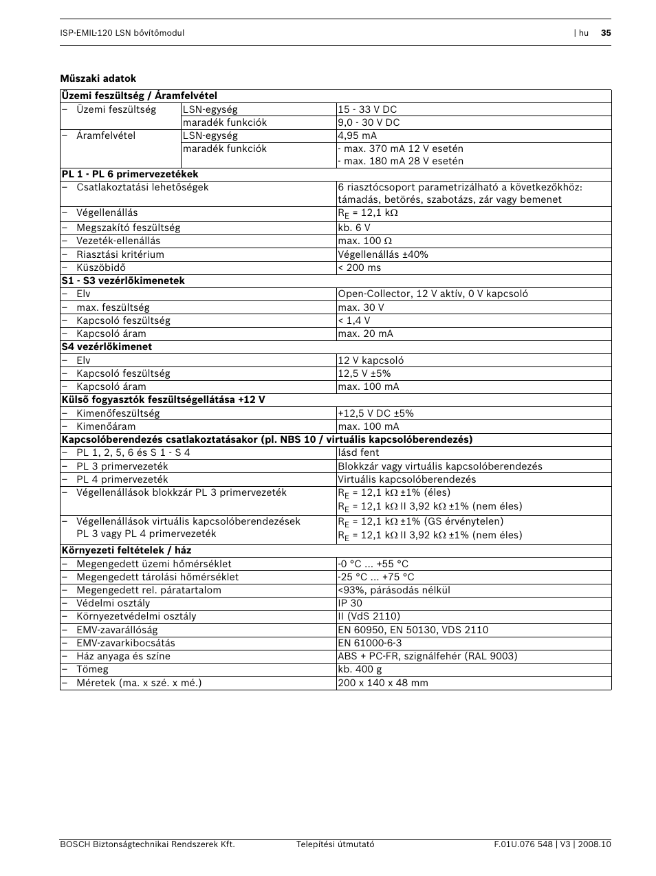 Mûszaki adatok | Bosch ISP-EMIL-120  User Manual | Page 35 / 56