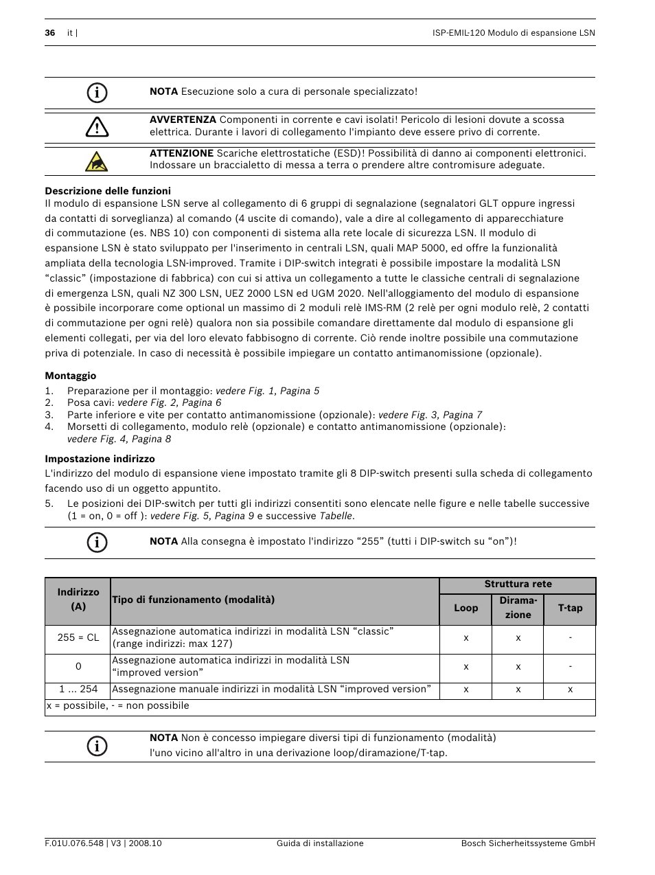 Descrizione delle funzioni, Montaggio, Impostazione indirizzo | Bosch ISP-EMIL-120  User Manual | Page 36 / 56