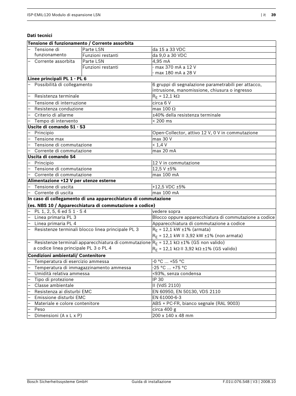 Dati tecnici | Bosch ISP-EMIL-120  User Manual | Page 39 / 56