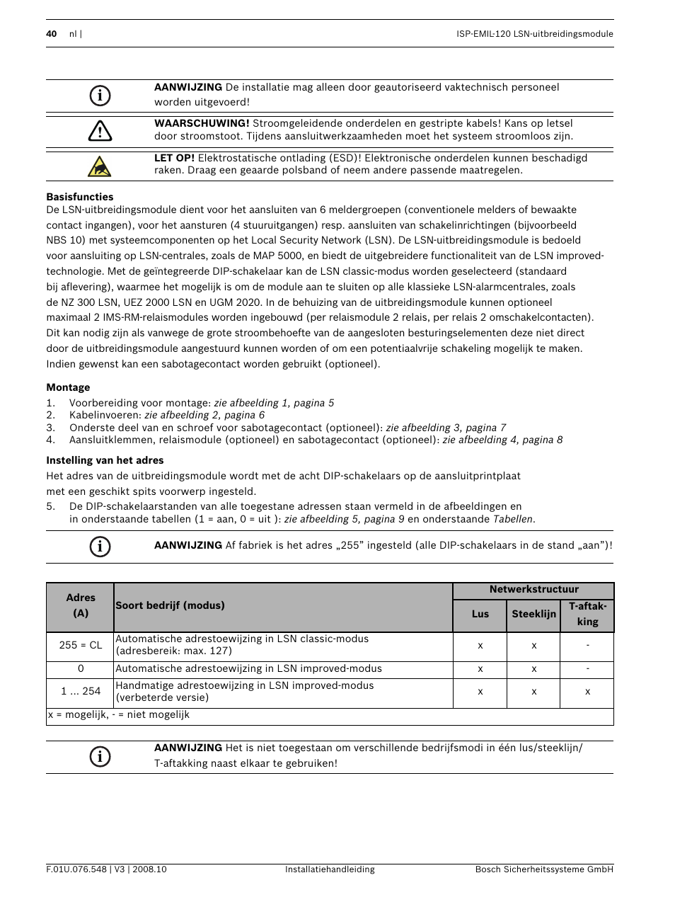 Basisfuncties, Montage, Instelling van het adres | Bosch ISP-EMIL-120  User Manual | Page 40 / 56