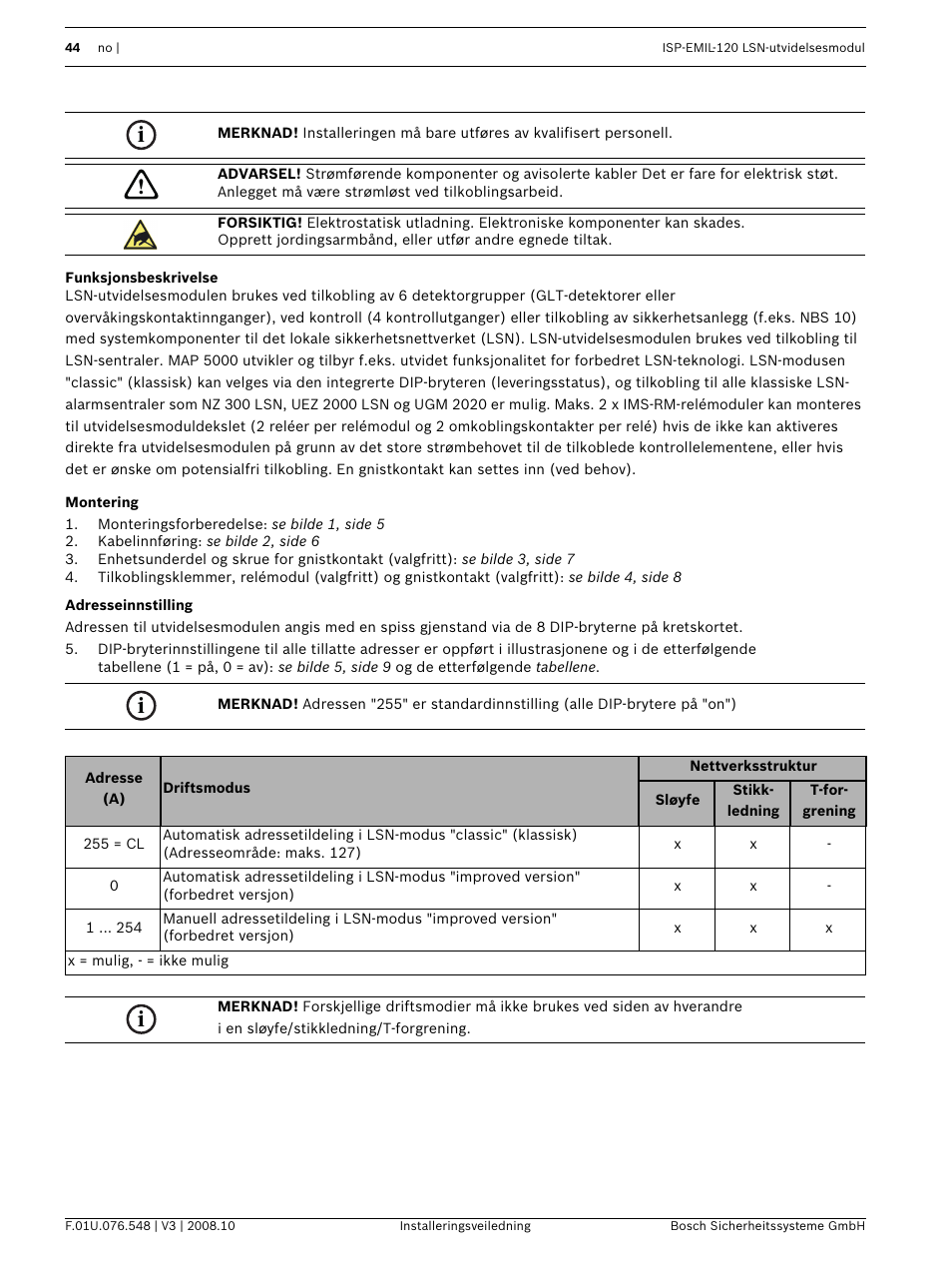 Funksjonsbeskrivelse, Montering, Adresseinnstilling | Bosch ISP-EMIL-120  User Manual | Page 44 / 56