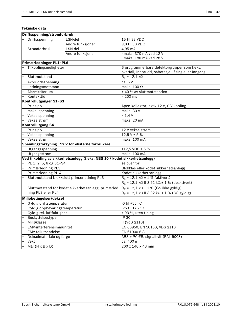 Tekniske data | Bosch ISP-EMIL-120  User Manual | Page 47 / 56