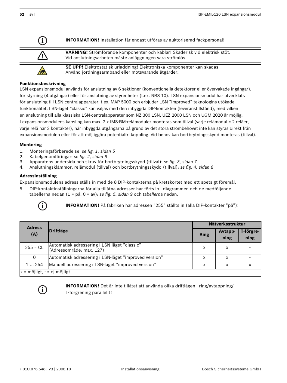 Funktionsbeskrivning, Montering, Adressinställning | Bosch ISP-EMIL-120  User Manual | Page 52 / 56