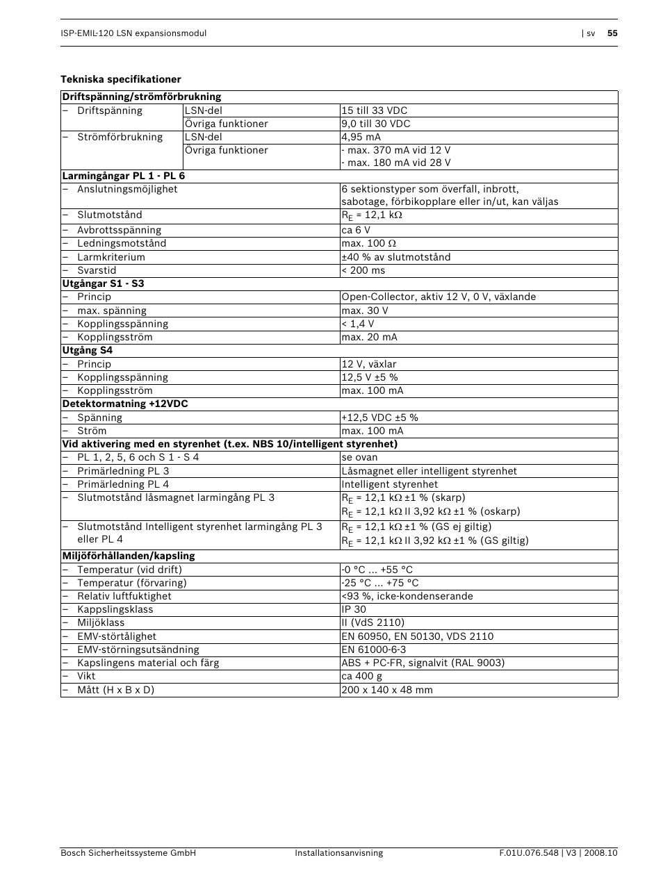 Tekniska specifikationer | Bosch ISP-EMIL-120  User Manual | Page 55 / 56