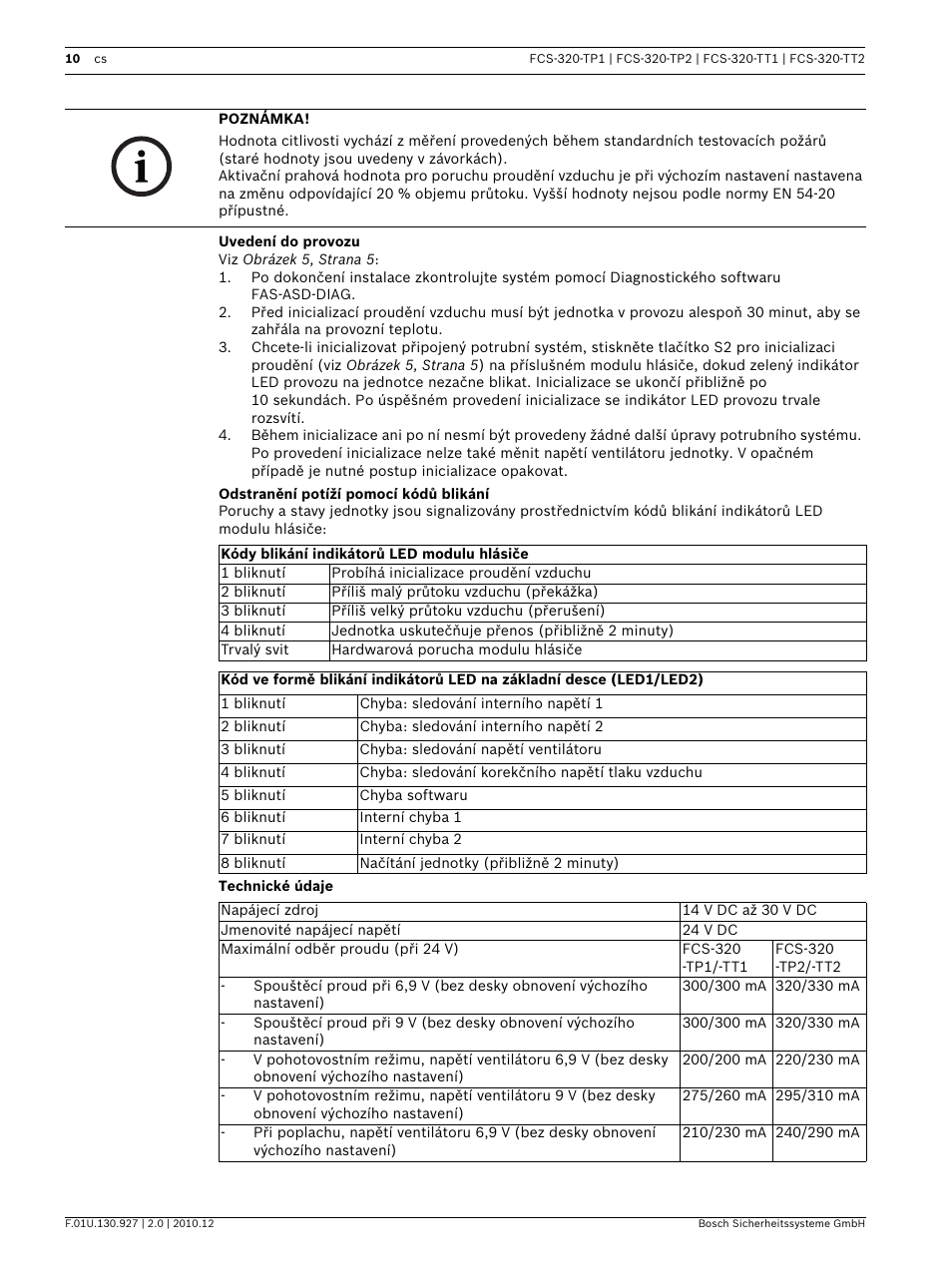 Uvedení do provozu, Odstranění potíží pomocí kódů blikání, Technické údaje | Bosch FCS-320-TP Series Conventional Aspirating Smoke Detectors User Manual | Page 10 / 96