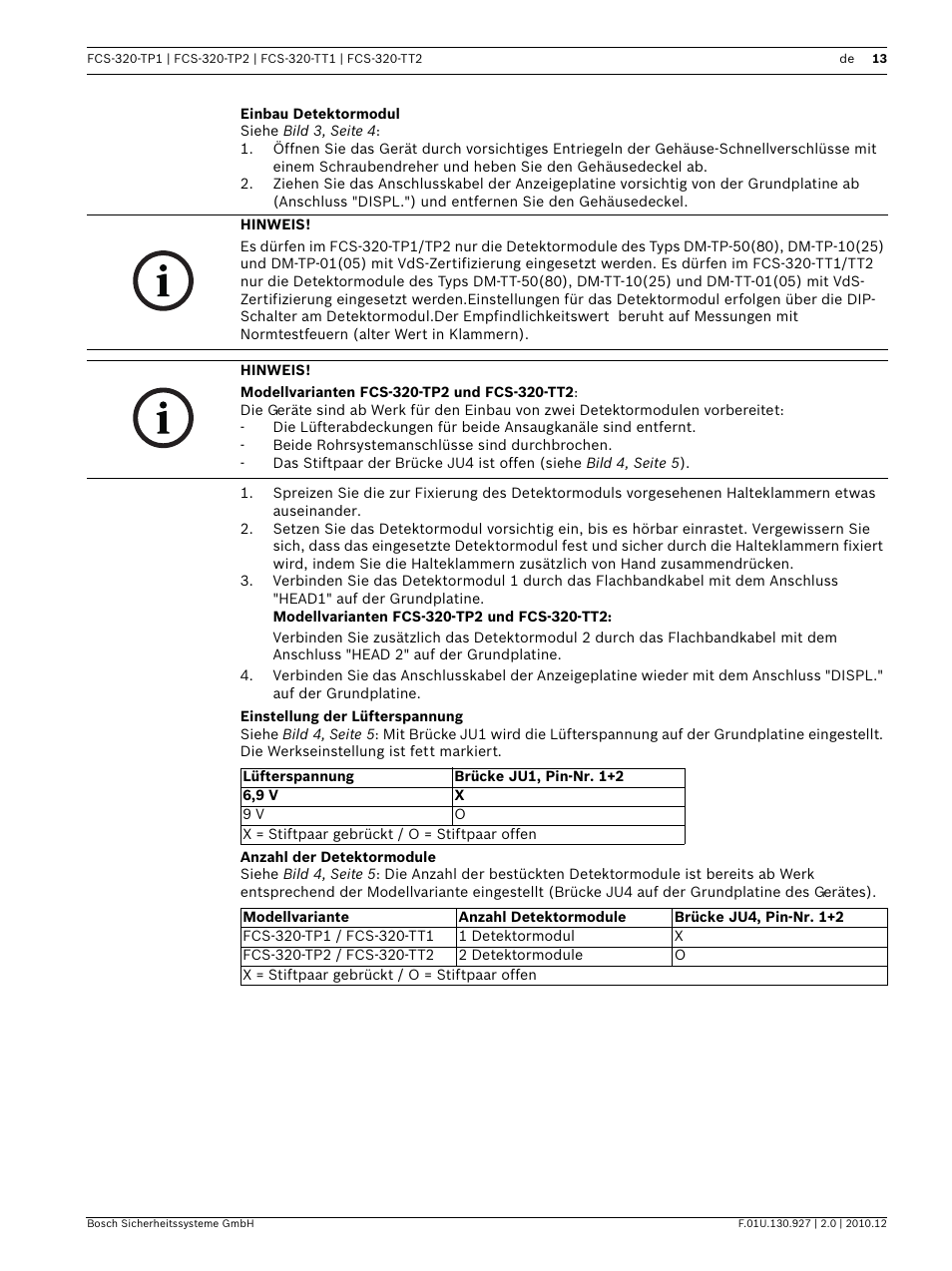 Einbau detektormodul, Einstellung der lüfterspannung, Anzahl der detektormodule | Bosch FCS-320-TP Series Conventional Aspirating Smoke Detectors User Manual | Page 13 / 96