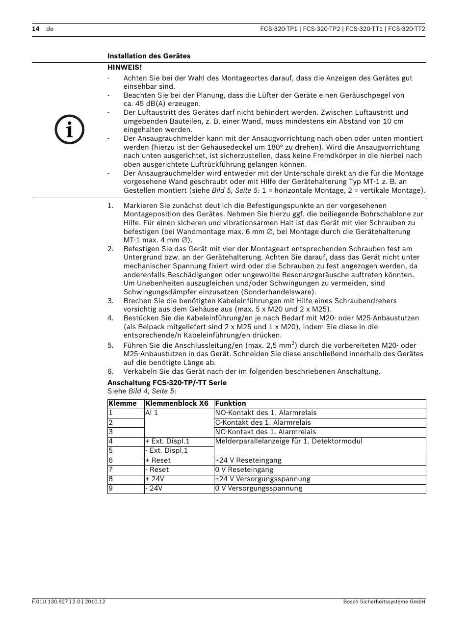 Installation des gerätes, Anschaltung fcs-320-tp/-tt serie | Bosch FCS-320-TP Series Conventional Aspirating Smoke Detectors User Manual | Page 14 / 96