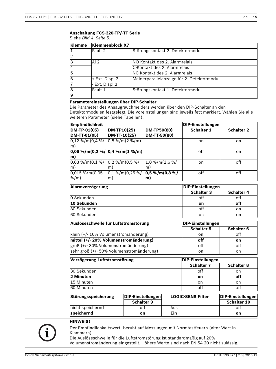 Anschaltung fcs-320-tp/-tt serie, Parametereinstellungen über dip-schalter | Bosch FCS-320-TP Series Conventional Aspirating Smoke Detectors User Manual | Page 15 / 96
