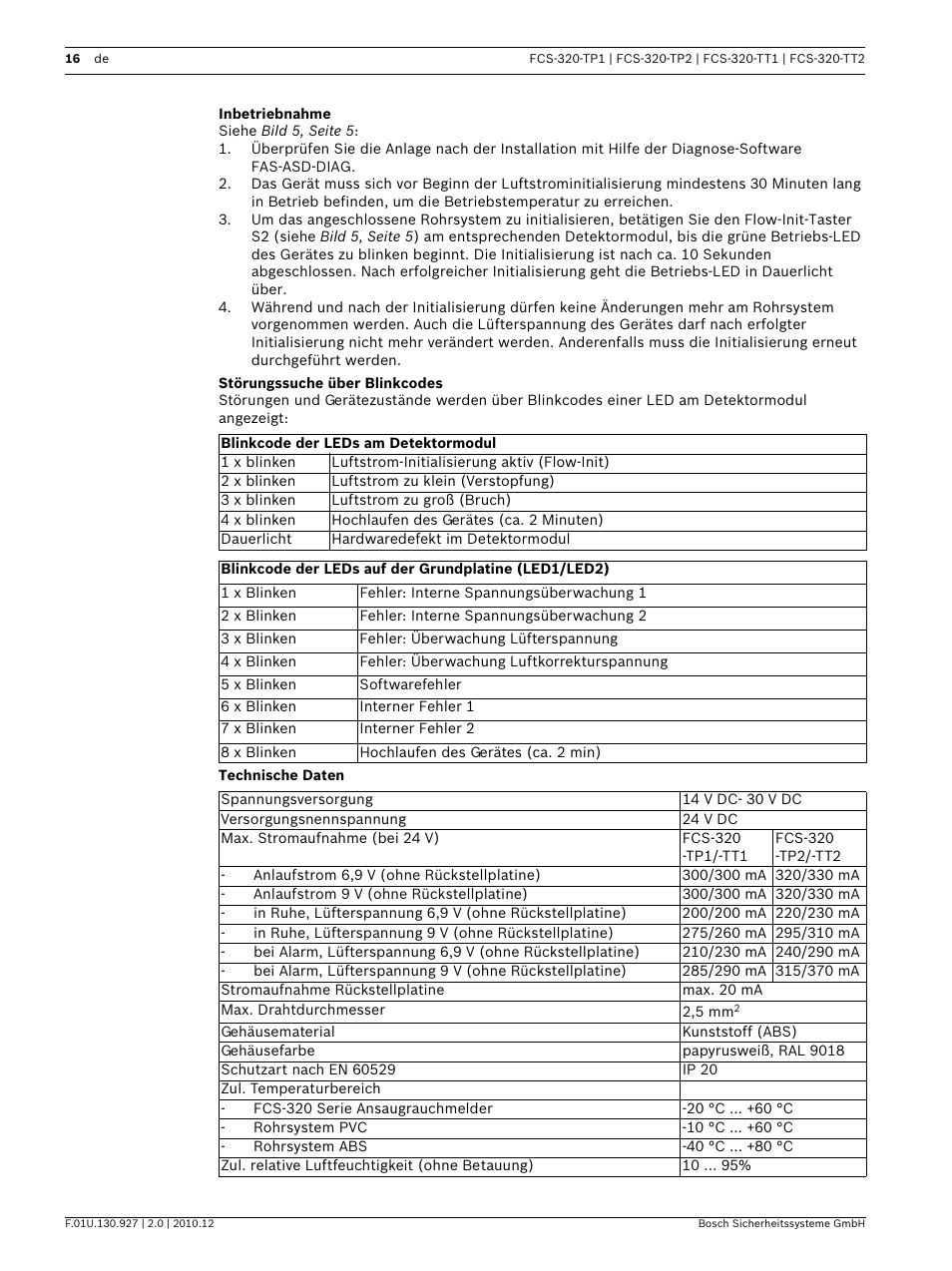 Inbetriebnahme, Störungssuche über blinkcodes, Technische daten | Bosch FCS-320-TP Series Conventional Aspirating Smoke Detectors User Manual | Page 16 / 96