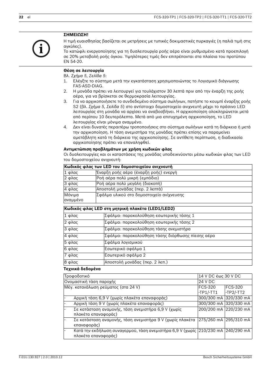 Θέση σε λειτουργία, Αντιμετώπιση προβλημάτων με χρήση κωδικών φλας, Τεχνικά δεδομένα | Bosch FCS-320-TP Series Conventional Aspirating Smoke Detectors User Manual | Page 22 / 96