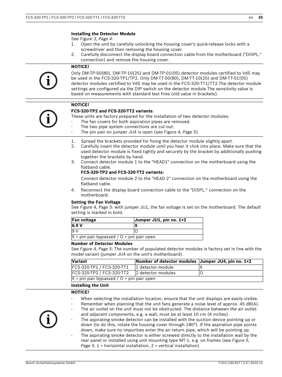 Installing the detector module, Setting the fan voltage, Number of detector modules | Installing the unit | Bosch FCS-320-TP Series Conventional Aspirating Smoke Detectors User Manual | Page 25 / 96