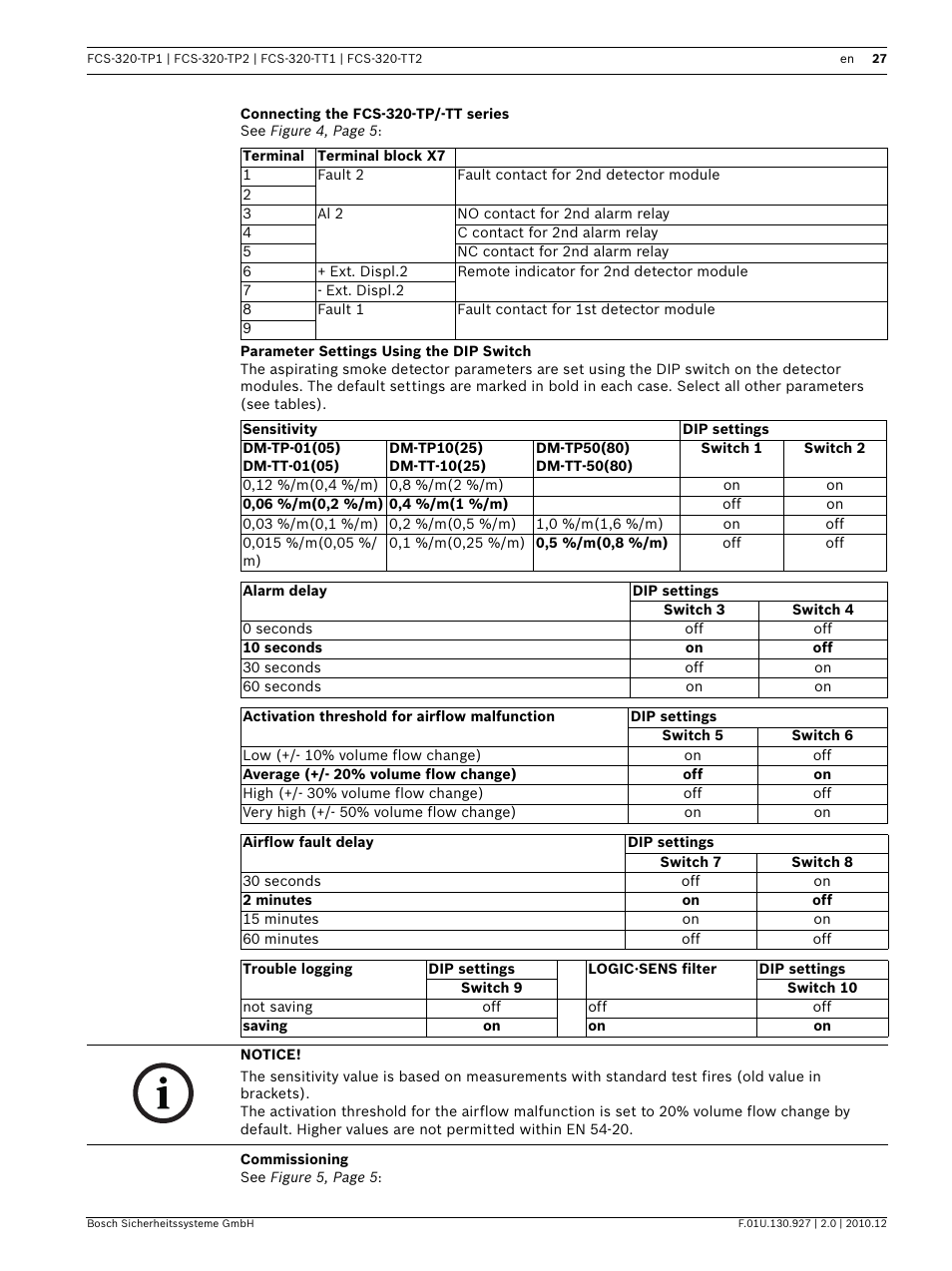 Connecting the fcs-320-tp/-tt series, Parameter settings using the dip switch, Commissioning | Bosch FCS-320-TP Series Conventional Aspirating Smoke Detectors User Manual | Page 27 / 96