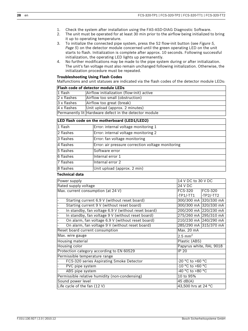 Troubleshooting using flash codes, Technical data | Bosch FCS-320-TP Series Conventional Aspirating Smoke Detectors User Manual | Page 28 / 96