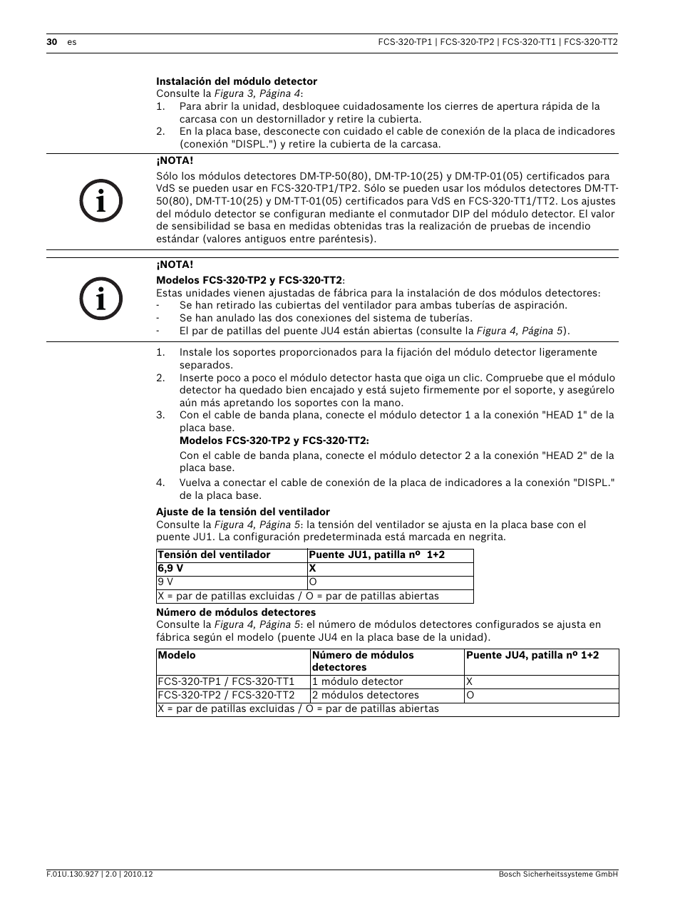 Instalación del módulo detector, Ajuste de la tensión del ventilador, Número de módulos detectores | Bosch FCS-320-TP Series Conventional Aspirating Smoke Detectors User Manual | Page 30 / 96