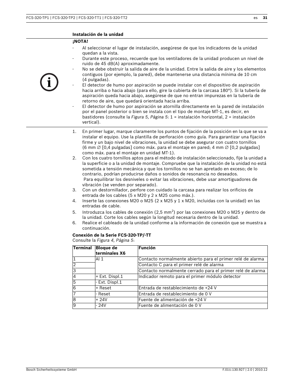 Instalación de la unidad, Conexión de la serie fcs-320-tp/-tt | Bosch FCS-320-TP Series Conventional Aspirating Smoke Detectors User Manual | Page 31 / 96