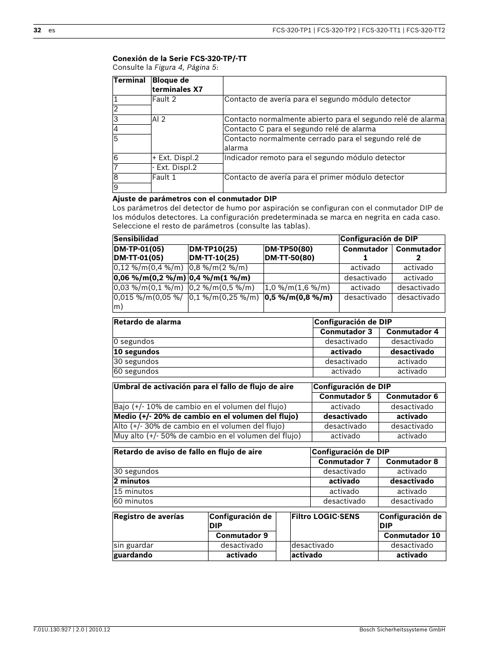 Conexión de la serie fcs-320-tp/-tt, Ajuste de parámetros con el conmutador dip | Bosch FCS-320-TP Series Conventional Aspirating Smoke Detectors User Manual | Page 32 / 96