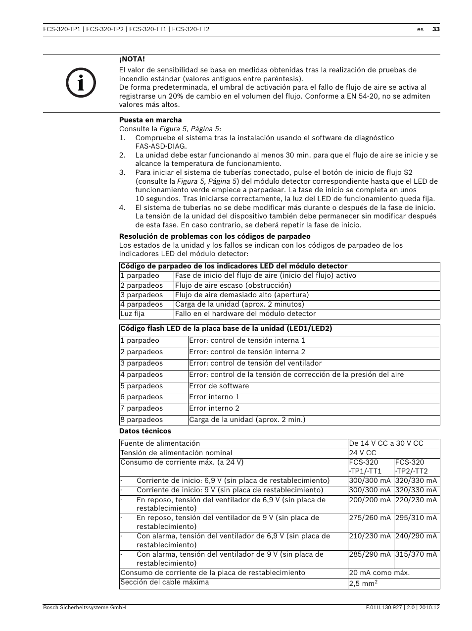 Puesta en marcha, Datos técnicos | Bosch FCS-320-TP Series Conventional Aspirating Smoke Detectors User Manual | Page 33 / 96