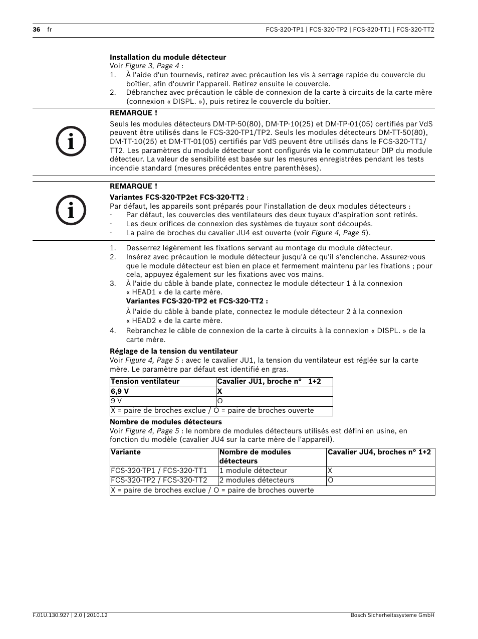 Installation du module détecteur, Réglage de la tension du ventilateur, Nombre de modules détecteurs | Bosch FCS-320-TP Series Conventional Aspirating Smoke Detectors User Manual | Page 36 / 96
