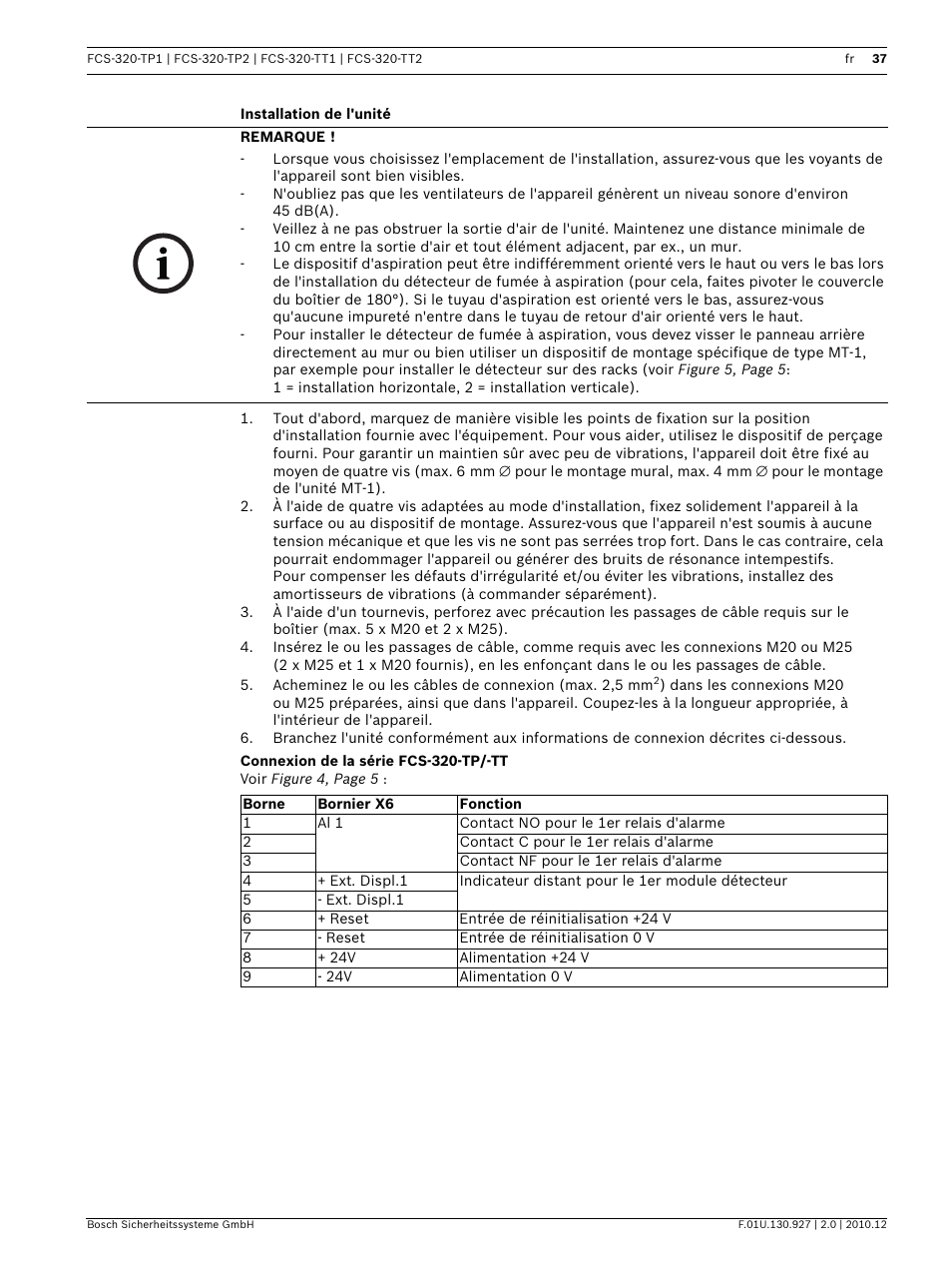 Installation de l'unité, Connexion de la série fcs-320-tp/-tt | Bosch FCS-320-TP Series Conventional Aspirating Smoke Detectors User Manual | Page 37 / 96