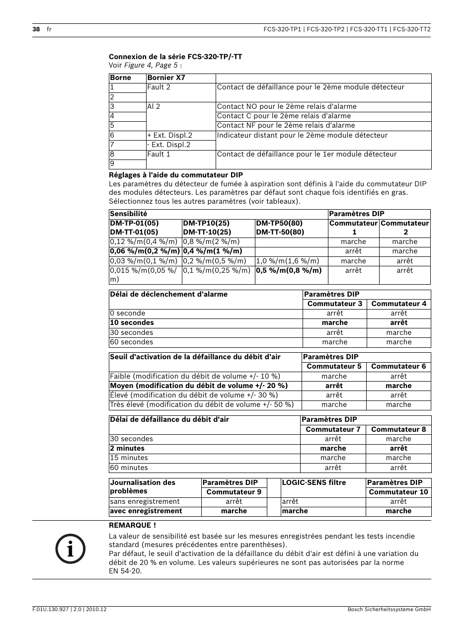 Connexion de la série fcs-320-tp/-tt, Réglages à l'aide du commutateur dip | Bosch FCS-320-TP Series Conventional Aspirating Smoke Detectors User Manual | Page 38 / 96