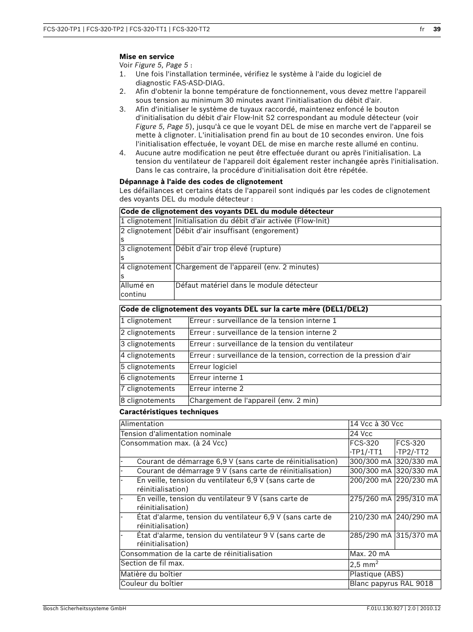 Mise en service, Dépannage à l'aide des codes de clignotement, Caractéristiques techniques | Bosch FCS-320-TP Series Conventional Aspirating Smoke Detectors User Manual | Page 39 / 96