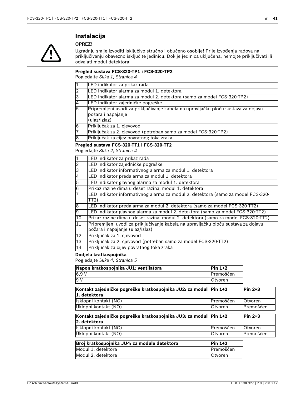 Instalacija, Pregled sustava fcs-320-tp1 i fcs-320-tp2, Pregled sustava fcs-320-tt1 i fcs-320-tt2 | Dodjela kratkospojnika | Bosch FCS-320-TP Series Conventional Aspirating Smoke Detectors User Manual | Page 41 / 96