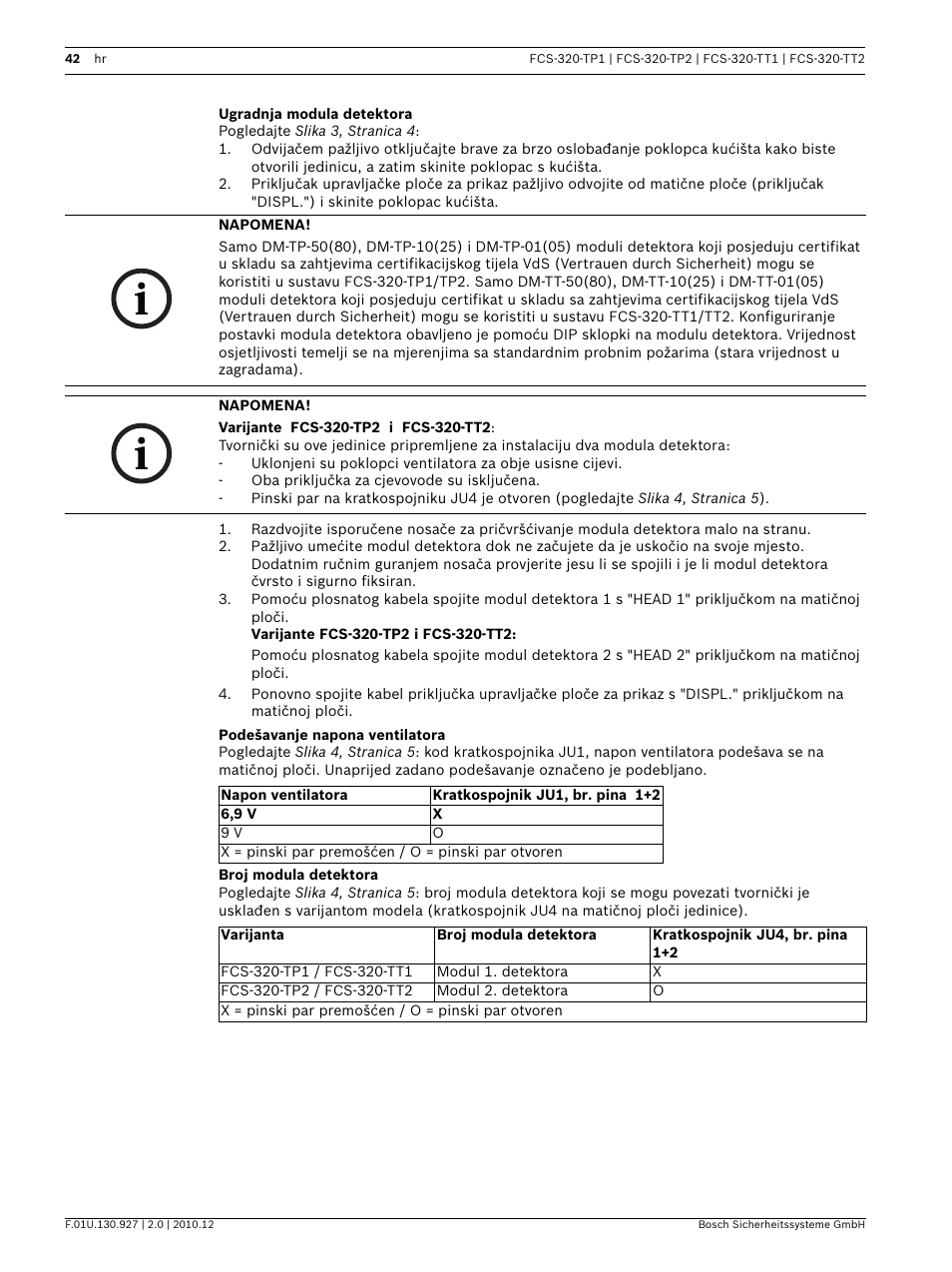 Ugradnja modula detektora, Podešavanje napona ventilatora, Broj modula detektora | Bosch FCS-320-TP Series Conventional Aspirating Smoke Detectors User Manual | Page 42 / 96