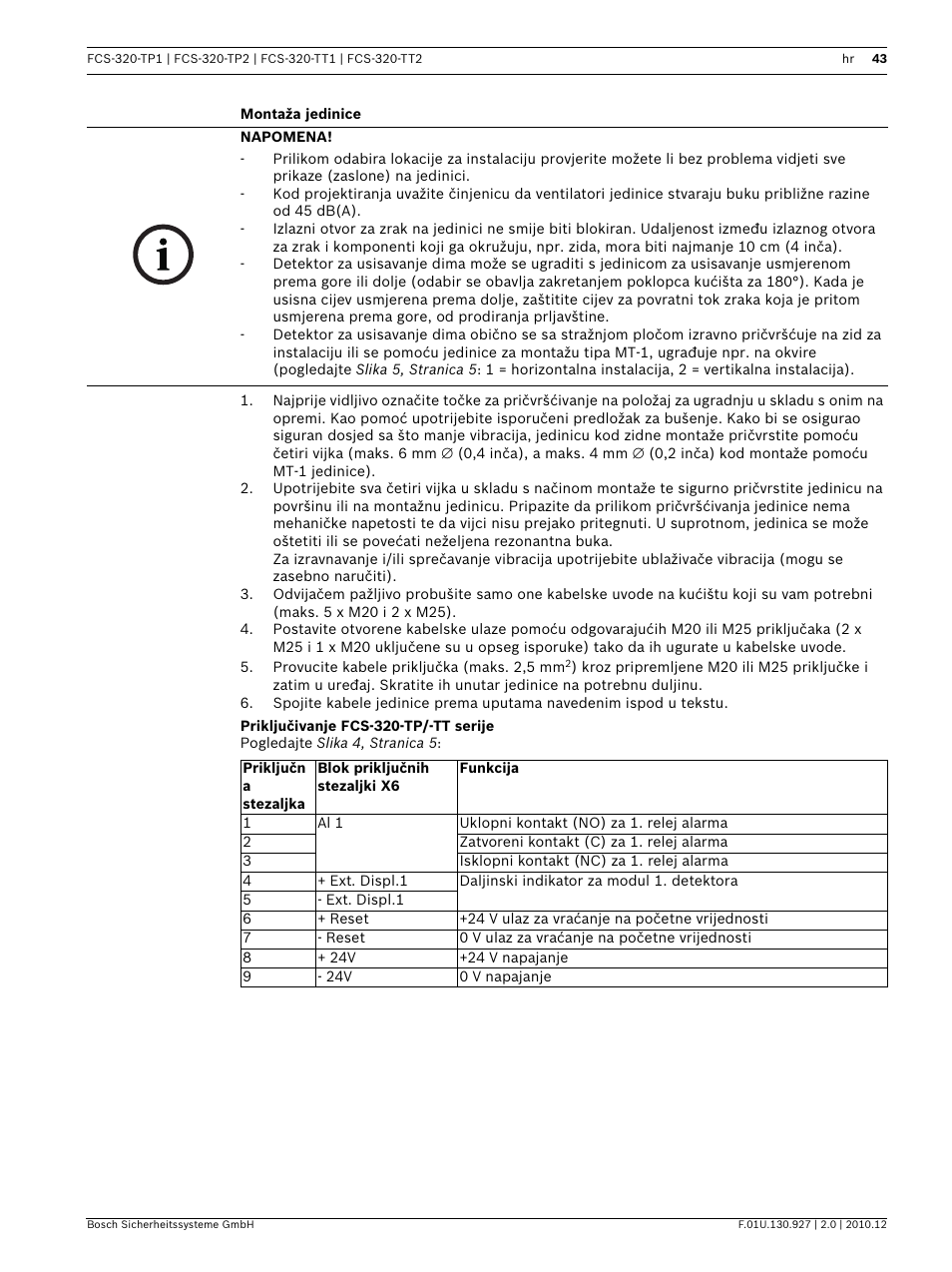 Montaža jedinice, Priključivanje fcs-320-tp/-tt serije | Bosch FCS-320-TP Series Conventional Aspirating Smoke Detectors User Manual | Page 43 / 96