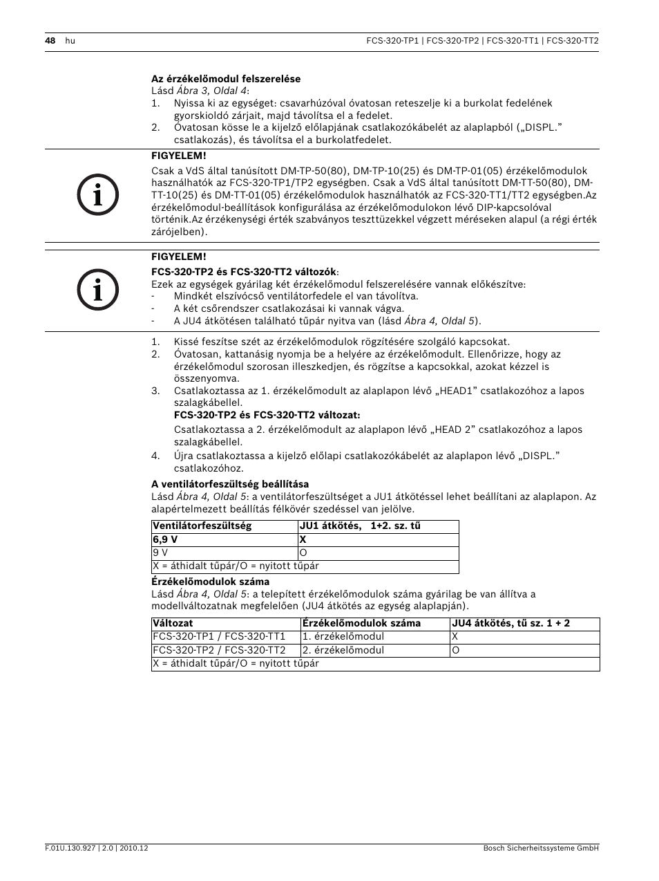 Az érzékelőmodul felszerelése, A ventilátorfeszültség beállítása, Érzékelőmodulok száma | Bosch FCS-320-TP Series Conventional Aspirating Smoke Detectors User Manual | Page 48 / 96