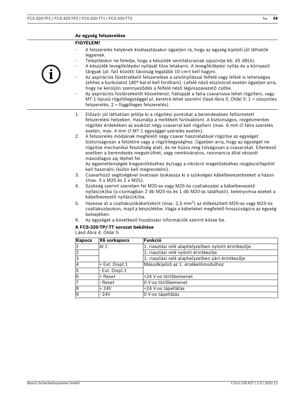 Az egység felszerelése, A fcs-320-tp/-tt sorozat bekötése | Bosch FCS-320-TP Series Conventional Aspirating Smoke Detectors User Manual | Page 49 / 96