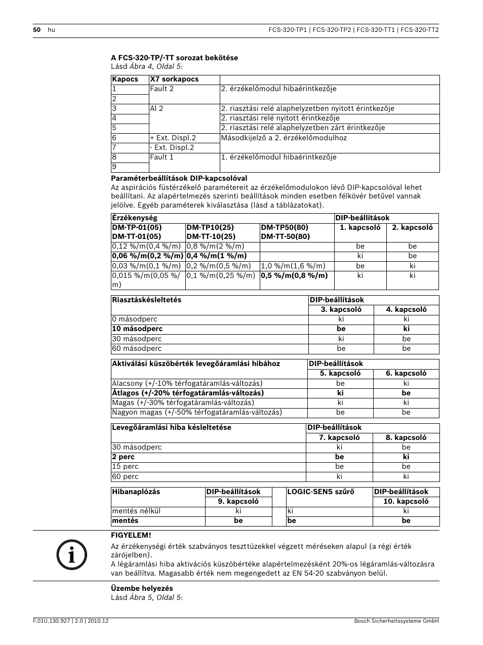 A fcs-320-tp/-tt sorozat bekötése, Paraméterbeállítások dip-kapcsolóval, Üzembe helyezés | Bosch FCS-320-TP Series Conventional Aspirating Smoke Detectors User Manual | Page 50 / 96