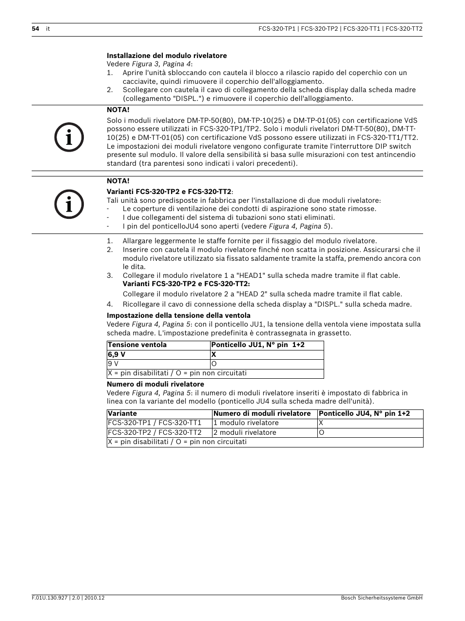 Installazione del modulo rivelatore, Impostazione della tensione della ventola, Numero di moduli rivelatore | Bosch FCS-320-TP Series Conventional Aspirating Smoke Detectors User Manual | Page 54 / 96