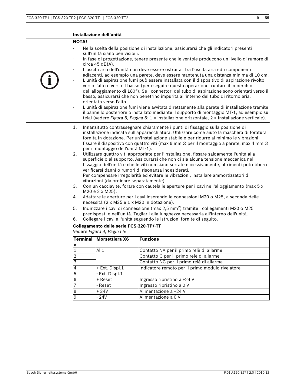 Installazione dell'unità, Collegamento delle serie fcs-320-tp/-tt | Bosch FCS-320-TP Series Conventional Aspirating Smoke Detectors User Manual | Page 55 / 96