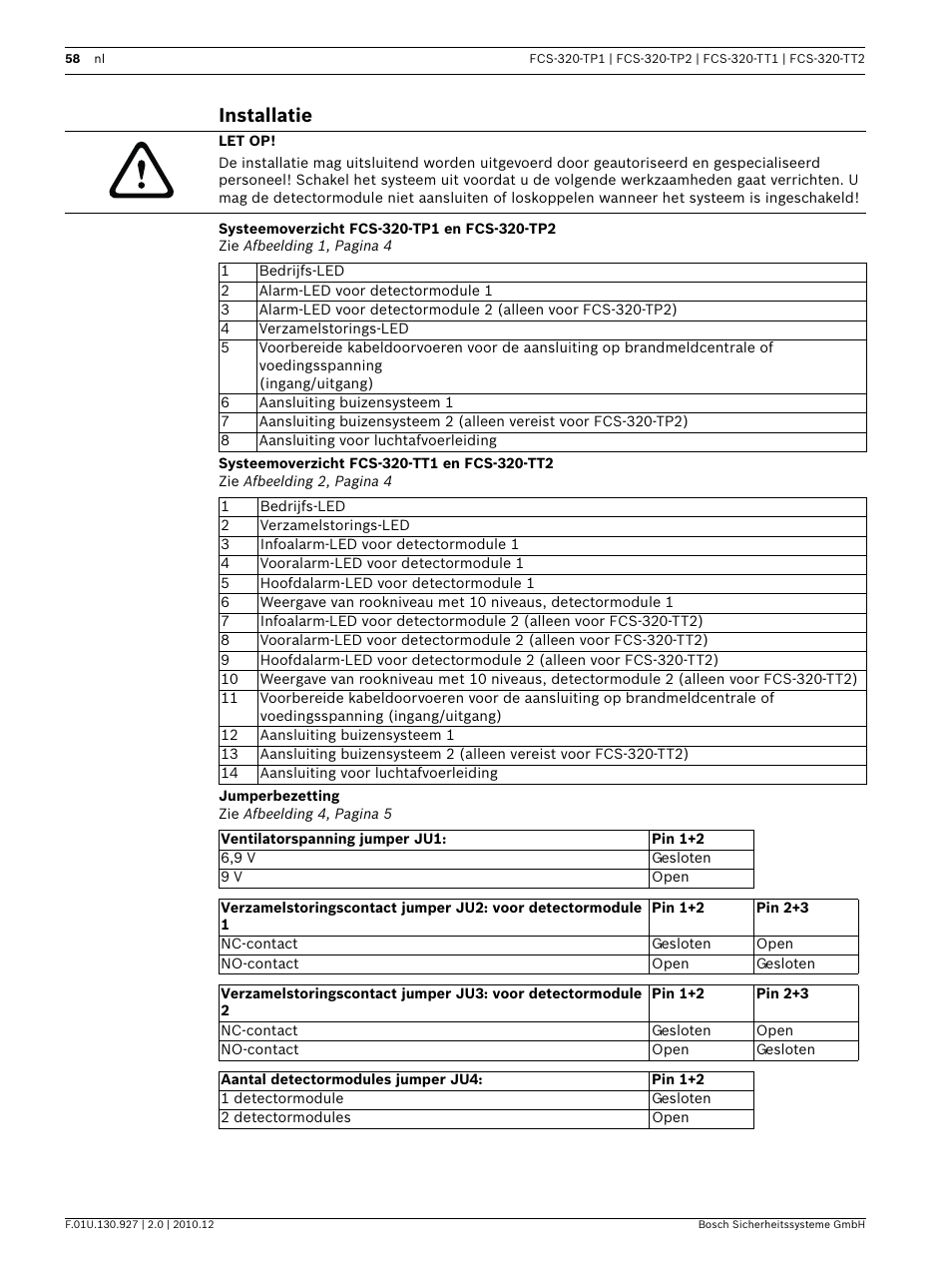 Installatie, Systeemoverzicht fcs-320-tp1 en fcs-320-tp2, Systeemoverzicht fcs-320-tt1 en fcs-320-tt2 | Jumperbezetting | Bosch FCS-320-TP Series Conventional Aspirating Smoke Detectors User Manual | Page 58 / 96