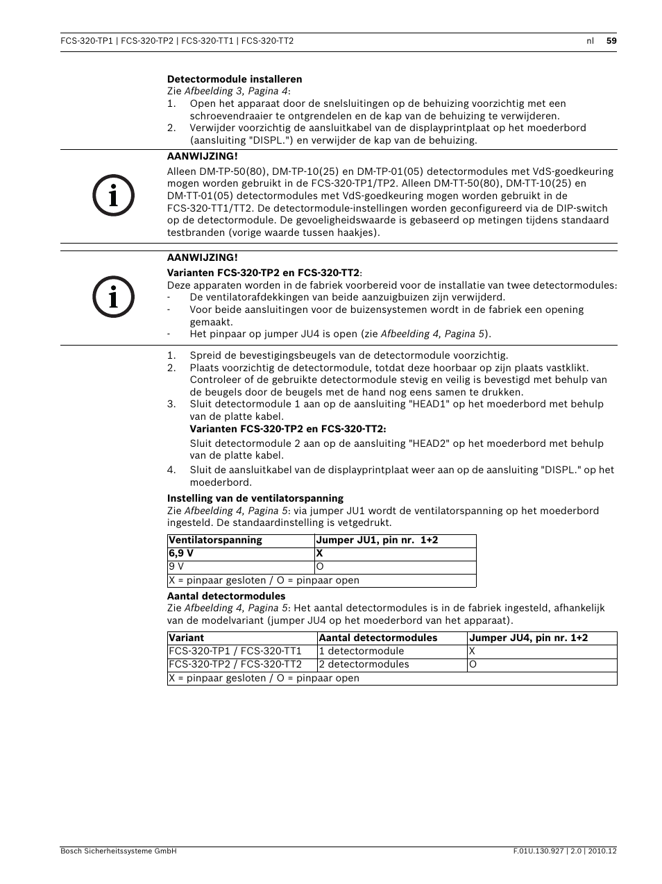 Detectormodule installeren, Instelling van de ventilatorspanning, Aantal detectormodules | Bosch FCS-320-TP Series Conventional Aspirating Smoke Detectors User Manual | Page 59 / 96