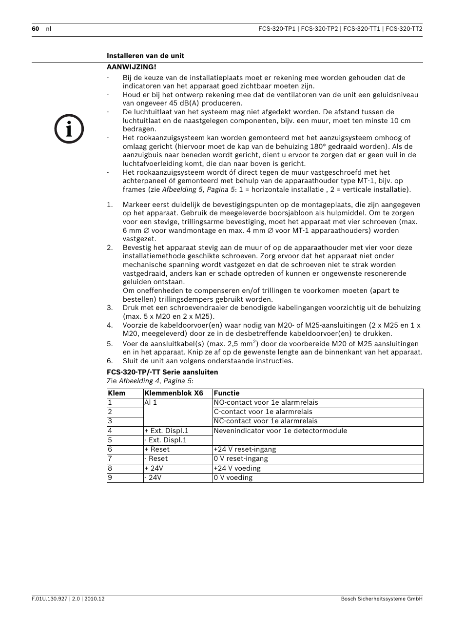 Installeren van de unit, Fcs-320-tp/-tt serie aansluiten | Bosch FCS-320-TP Series Conventional Aspirating Smoke Detectors User Manual | Page 60 / 96